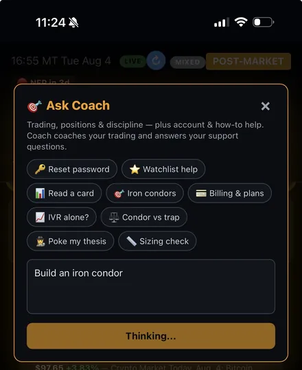Ask Coach chat interface with quick chips and a Build an iron condor question
