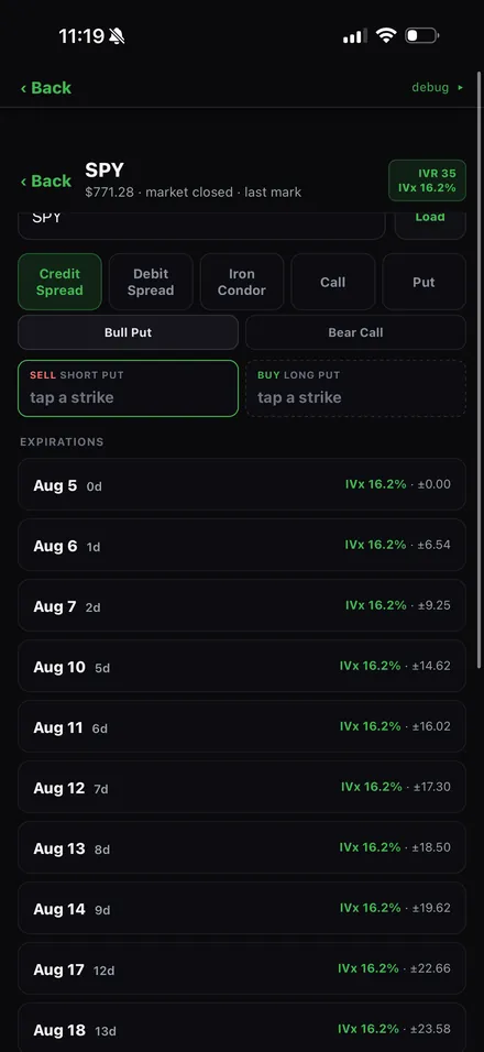 Options builder: structure selector and expirations with IVx and expected move